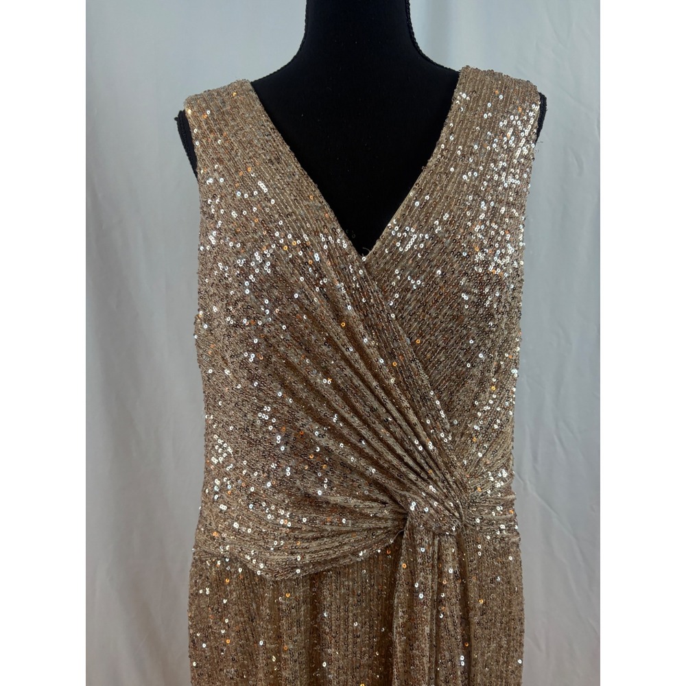 Champagne Gold Sequin Wrap V-Neck Sleeveless Maxi Evening Gown Knot Detail Dress - Picture 3 of 15